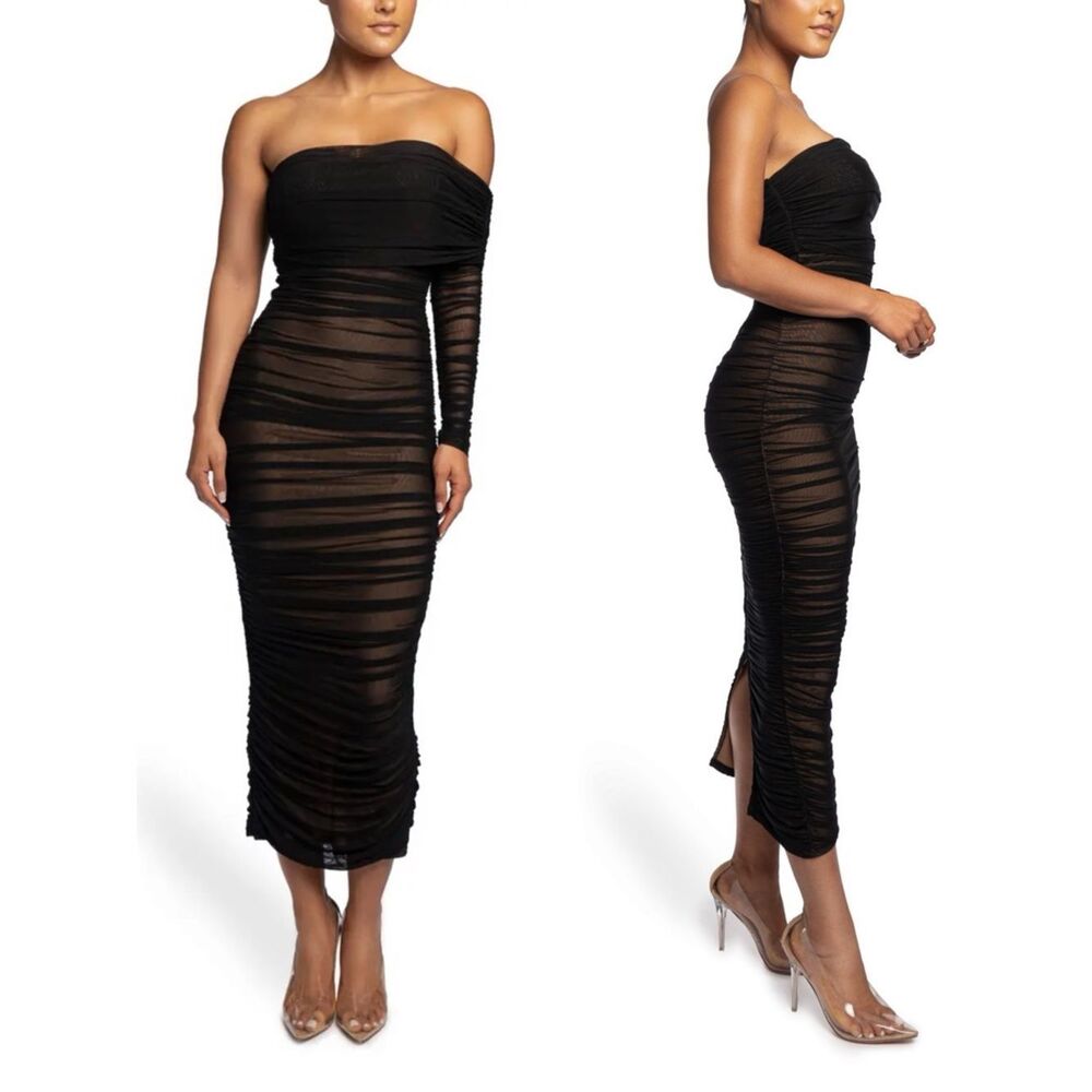 JLUXLABEL Strapless One-Sleeve Ruched Midi Dress in Black Size S